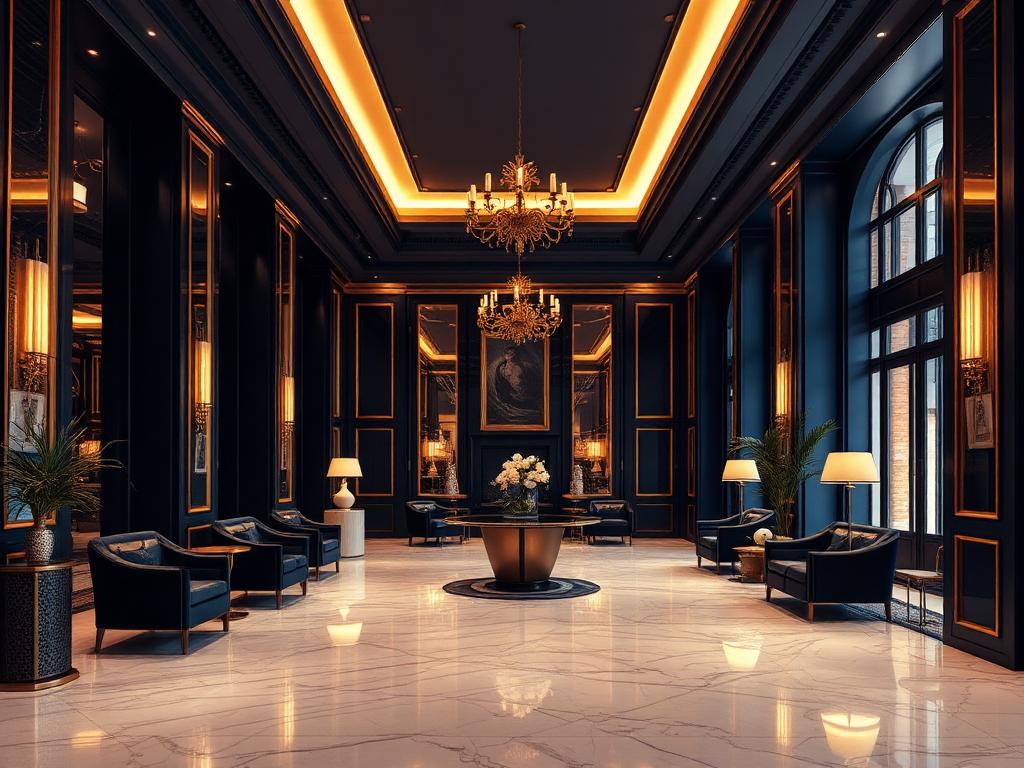 Lobby del hotel con lámparas de cristal y sillones azules